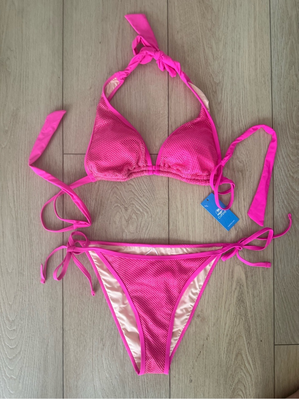 Cupshe Neon Pink Textured Bikini Tie Bottoms NWT